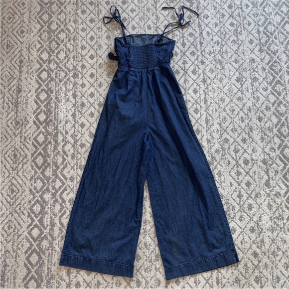 Free People Brittany Denim Jumpsuit Blue Tie Straps Button Casual Wide Leg Sz 2 - Picture 5 of 9